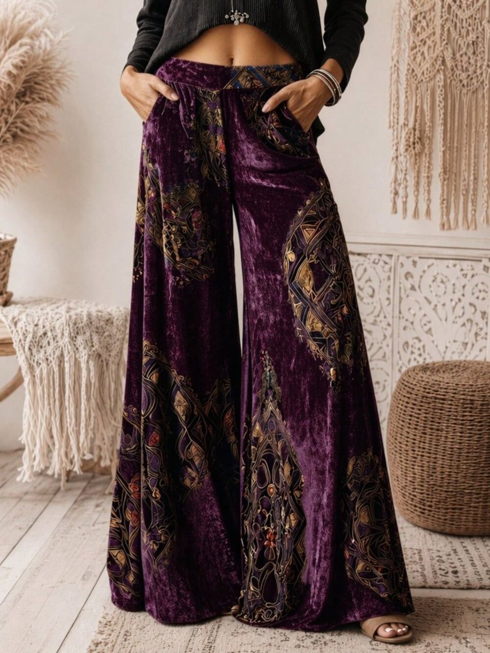 Purple Boho Women's Casual Floral Print Wide Leg Flowy Trousers - Picture 1 of 3